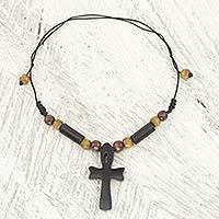 Ebony and bamboo pendant necklace, 'African Ankh' - Handcrafted Ankh Necklace in Ebony and Bamboo Ghana