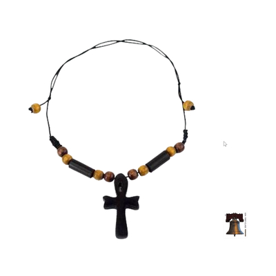 Ebony and bamboo pendant necklace, 'African Ankh' - Handcrafted Ankh Necklace in Ebony and Bamboo Ghana