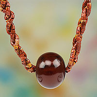 Bauxite and bull horn beaded necklace, 'Natural Kingdom' - Braided Bauxite Handcrafted Necklace with Bull Horn Bead