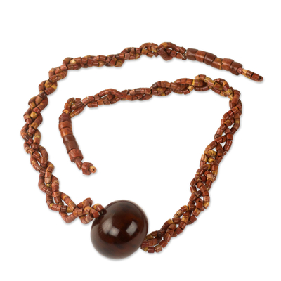 Bauxite and bull horn beaded necklace, 'Natural Kingdom' - Braided Bauxite Handcrafted Necklace with Bull Horn Bead