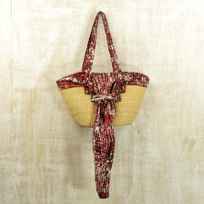 Batik cotton and straw shoulder bag, 'African Wilderness in Cinnabar' - Cotton and Straw Batik Shoulder Bag in Cinnabar from Ghana