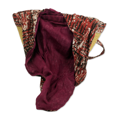 Batik cotton and straw shoulder bag, 'African Wilderness in Cinnabar' - Cotton and Straw Batik Shoulder Bag in Cinnabar from Ghana