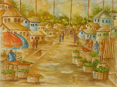 'Market Town' - Original Signed Watercolor Painting of an African Town