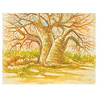 'The Baobab Tree I' - Original Signed Watercolor African Landscape Painting