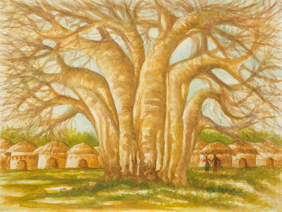 African Village and Baobab Tree Signed Original Painting