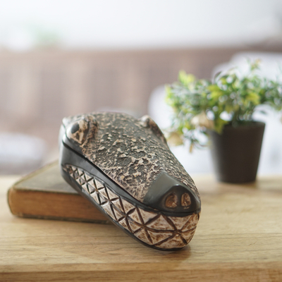 Wood box, 'Crocodile Jewels' - Hand Carved Wood Crocodile Head Decorative Box