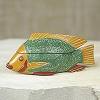 Wood box, 'Green Ga Fish' - Hand Carved Fish Theme Decorative Wood Box from Ghana