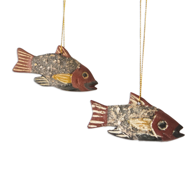 Wood ornaments, 'Little Ghanaian Fish' (set of 4) - Ghana Artisan Crafted Fish Theme Ornaments (Set of 4)