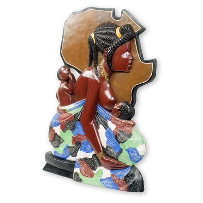 Wood wall sculpture, 'One Day' - Hand Painted Low Relief African Wood Wall Sculpture