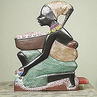 Wood wall sculpture, 'Good African Mother' - Hand Painted Mother and Child African Wood Wall Sculpture