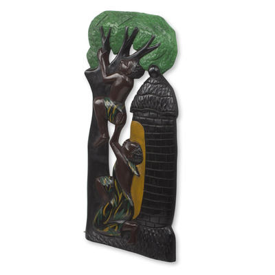 Escultura de pared de madera - Escultura de pared africana en bajo relieve pintada a mano