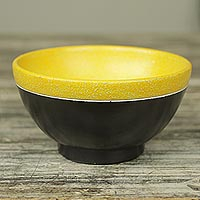 Wood centerpiece, 'Osu Sunshine' - Ghana Handcrafted Black and Yellow Wood Centerpiece Bowl