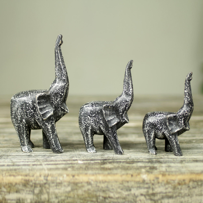 Wood sculptures, Cheerful Black Elephants (set of 3)