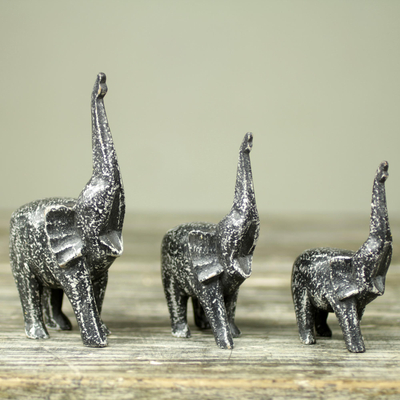 Wood sculptures, 'Cheerful Black Elephants' (set of 3) - Set of 3 Hand Carved Wood African Elephant Sculptures