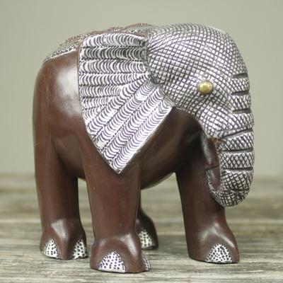 Holzskulptur, 'Afrikanischer Busch-Elefant'. - Handgefertigte Elefantenskulptur aus Holz mit Aluminium und Messing