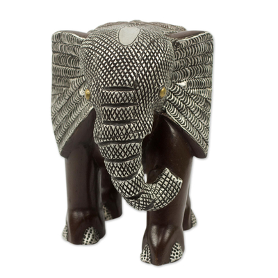Wood sculpture, 'African Bush Elephant' - Handcrafted Wood Elephant Sculpture with Aluminum and Brass