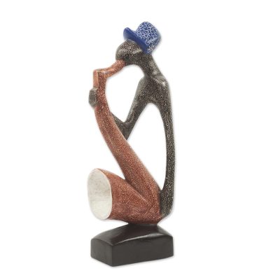 Wood sculpture, 'Music Man' - Abstract Musician Hand Carved and Painted Wood Sculpture