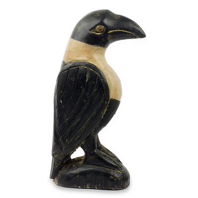 Wood sculpture, 'Crow' - Rustic Hand Carved Black and White Wood Crow Sculpture
