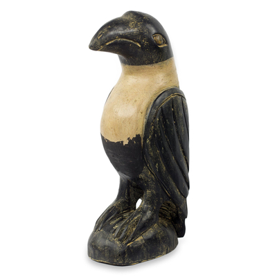 Wood sculpture, 'Crow' - Rustic Hand Carved Black and White Wood Crow Sculpture