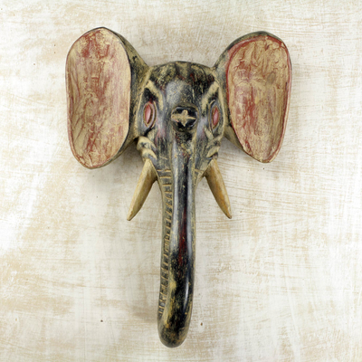 African wood mask, 'Elephant I' - African Elephant Mask Rustic Wall Decor Hand Carved in Ghana