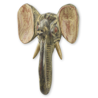 African wood mask, 'Elephant I' - African Elephant Mask Rustic Wall Decor Hand Carved in Ghana