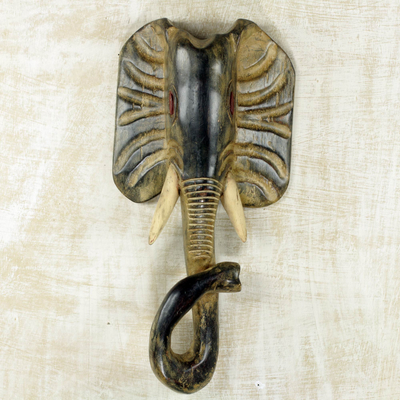 African wood mask, 'Elephant II' - Original Hand Carved Wood Elephant Mask from Ghana