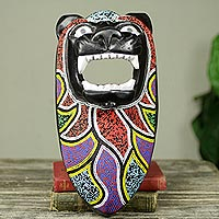 Beaded African wood mask, 'Black Lion Spirit' - Lion Theme Beaded Wood Authentic African Wall Mask