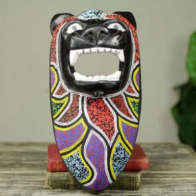 Beaded African wood mask, 'Black Lion Spirit' - Lion Theme Beaded Wood Authentic African Wall Mask