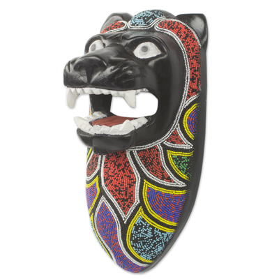 Máscara de madera africana con cuentas - Máscara de pared africana auténtica de madera con cuentas de león