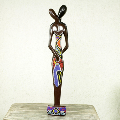 Escultura de madera con cuentas - Escultura africana moderna de madera con cuentas de una pareja enamorada