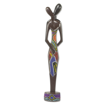 Escultura de madera con cuentas - Escultura africana moderna de madera con cuentas de una pareja enamorada