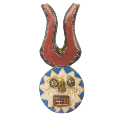 African wood mask, 'Lucky' - Handcrafted Brass Inlay Horned African Mask