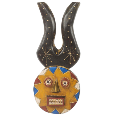 African wood mask, 'Luck Personified' - Authentic Ghana Handcrafted Horned African Mask