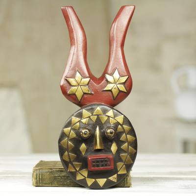 African wood mask, 'I Am Luck' - Brass Inlay Hand Carved Authentic African Horned Mask