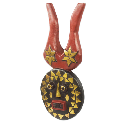 Máscara de madera africana - Auténtica máscara con cuernos africanos tallada a mano con incrustaciones de latón