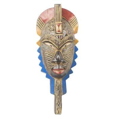 African wood mask, 'Health' - Ornate African Mask with Hand Embossed Aluminum
