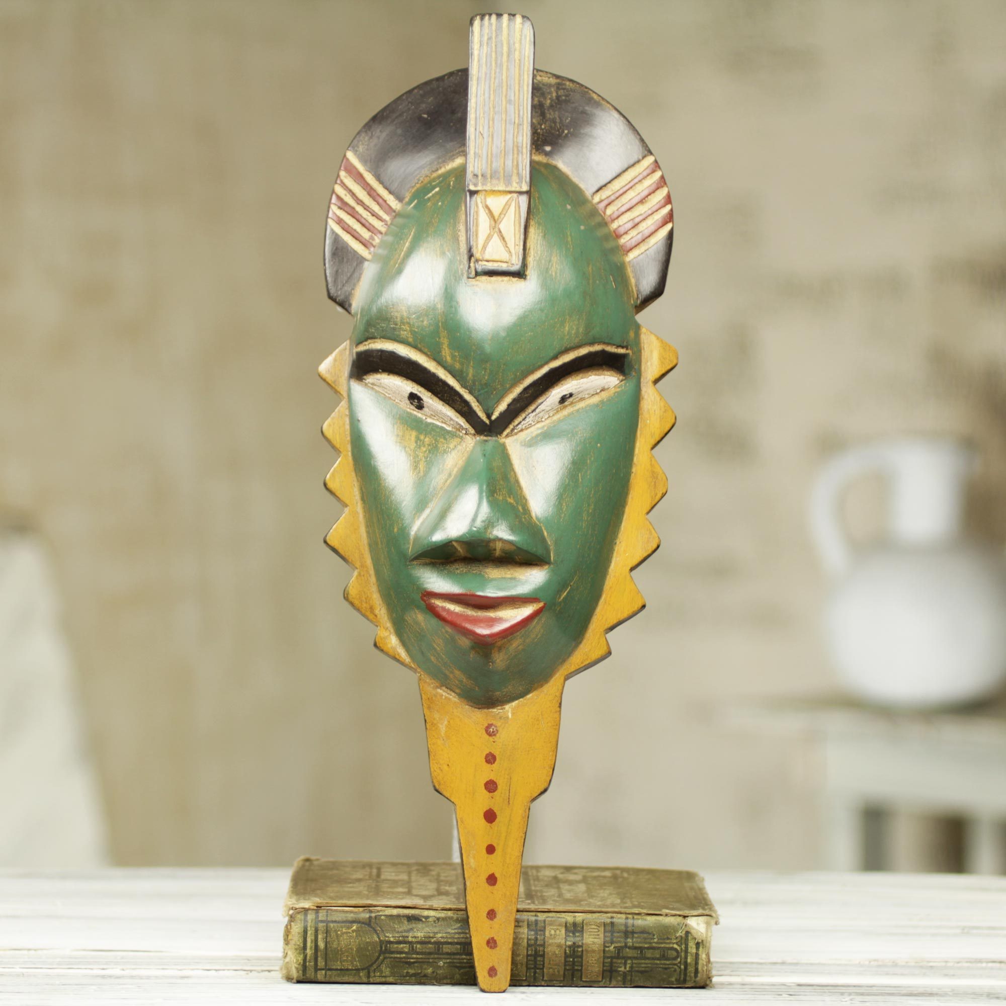 Hand Carved Green and Yellow African Wall Mask A Healer NOVICA