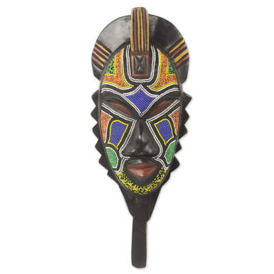 African wood mask, 'Swahili Healer' - Original African Beaded Mask of Swahili Medicine Man