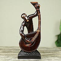 Wood sculpture, 'Kora Player' - Hand Carved African Musician Sculpture in Sese Wood