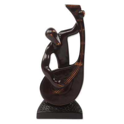 Ebony wood sculpture, 'Kora Player' - Hand Carved African Musician Sculpture in Ebony Wood