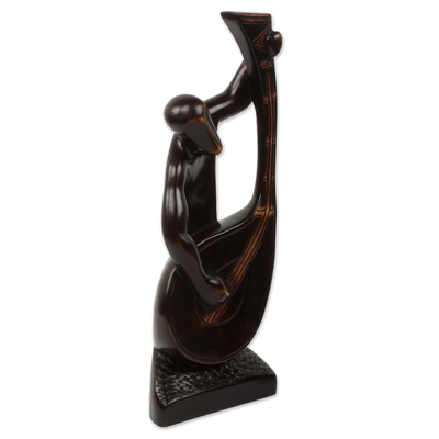 Escultura de madera de ébano, 'Kora Player' - Escultura de músico africano tallada a mano en madera de ébano
