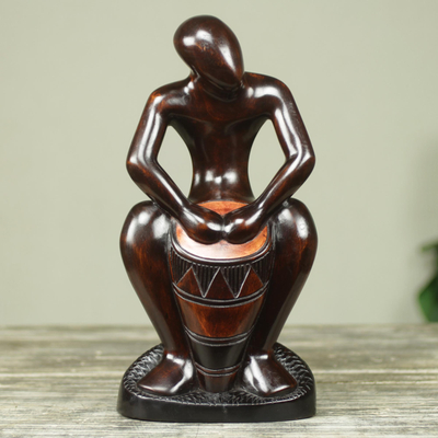 Wood sculpture, 'Kpanlogo Drummer' - Original Sese Wood Sculpture of African Drummer