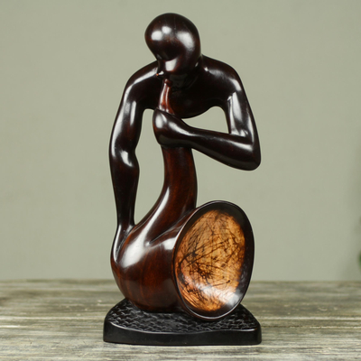 Wood sculpture, 'Saxman' - Saxophone Player Hand Carved Abstract Sese Wood Sculpture