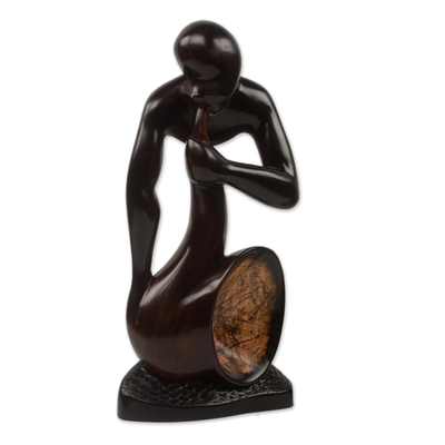 Ebony wood sculpture, 'Saxman' - Saxophone Player Hand Carved Abstract Wood Sculpture