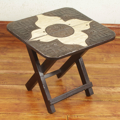Wood folding table, 'Adom' - Embossed Aluminum and Wood Folding Accent Table