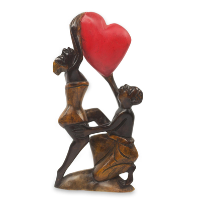 Wood sculpture, 'The Love Struggle' - Unique African Wood Sculpture of Man and Woman with Heart
