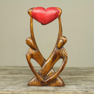Wood sculpture, 'United Lovers' - Hand Carved African Abstract Wood Sculpture of Lovers