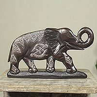 Wood wall sculpture, 'Adinkra Elephant' - Embossed Metal and Wood Wall Sculpture with Elephant Motif