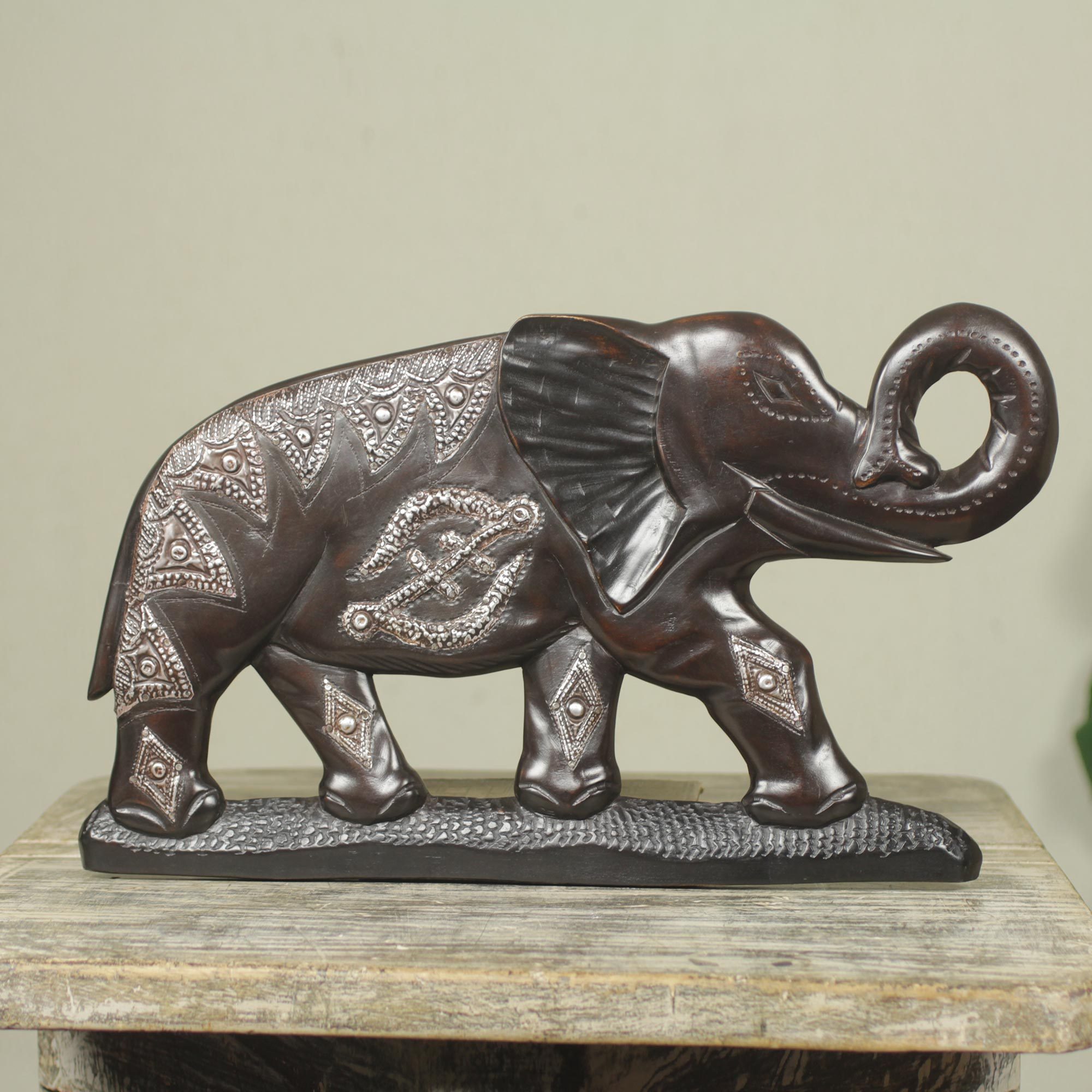 Embossed Metal And Wood Wall Sculpture With Elephant Motif Ara