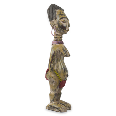 escultura de madera africana - Muñeca de madera rústica hecha a mano para la fertilidad con detalles de cuentas